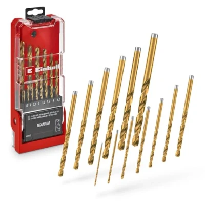 Abbildung von Original Einhell 13 tlg. HSS G Titan Metallbohrer Set (im Ganzen geschliffener 4341 Stahl, titanbeschichtet, 135 Split Point Spitze, gefräste Typ N Spirale, Rundschaft)