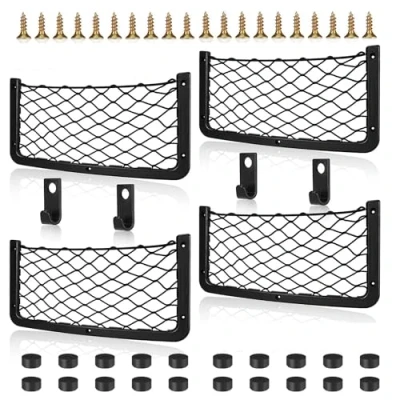 Abbildung von Omtofo 4 Stück 36 x 18cm Auto Aufbewahrungsnetz, Elastisch Kofferraum Netztasche Mit Haken, Gepäcknetz Ablagenetz für Wohnmobil, Wohnwagen, LKW, Boote, Lieferwagen