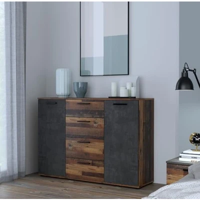 Abbildung von Forte ATTALYAR Kommode mit 4 Schubladen und 2 Türen, Holzwerkstoff, Old Wood Vintage/Betonoptik Dunkelgrau, B x H T: 129,6 91,3 38 cm