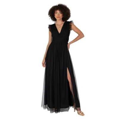 Abbildung von Anaya with Love Damen Women&#039;s Maxi Ladies V Neck Short Sleeve Split Tulle A line for Wedding Guest Bridesmaid Evening Occasion Ball Gown Dress, Schwarz, 36 EU