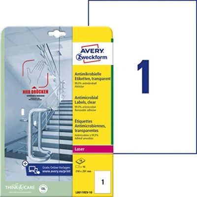 Abbildung von AVERY Zweckform L8011REV 10 selbstklebende Folie antibakteriell A4 (entfernt 99,9% aller Bakterien, Viren, Keime, Hygieneaufkleber, wiederablösbare Etiketten für Türgriffe, Kontaktflächen) Blatt