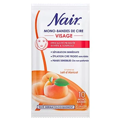 Abbildung von NAIR einfarbige Wachs Bänder für das Gesicht mit Aprikosenmilch Extrakt, nomadischer Beutel, 10 Streifen + 2 Reinigungstücher &quot;Sanftes Finish&quot;