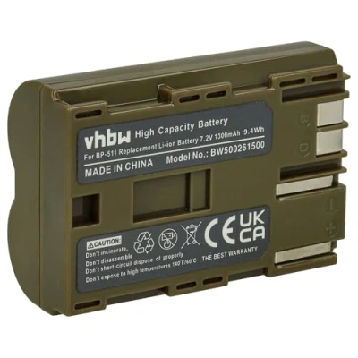 Abbildung von vhbw 1x Akku Ersatz für Canon BP 508, 535, 511A, 511, 522, 512, 514 Kamera (1300 mAh, 7,2 V, Li Ion)