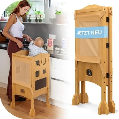 Abbildung von BabyBeFun Stehhilfe Lernturm ab 1 Jahr [Extra Sicher] klappbar inkl. Sicherheitsnetz, 360 Schutz durch Klappbar, Extra Sicher und Stabil