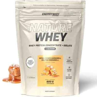 Abbildung von Energybody Nature Whey Protein Isolate &amp; Concentrate 600g Beutel/zucker und fettarmes Molkenproteinpulver/Eiweiß Pulver ohne künstliche Verdickungsmittel/Eiweiss Shake (Salted Caramel)