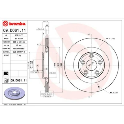 Abbildung von BREMBO 09.D061.11 Bremsscheibe 325 20 5 innenbelüftet beschichtet hochgekohlt JAGUAR: F Type Cabrio, Coupe, XJ Limousine