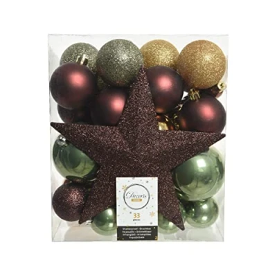 Abbildung von Kaemingk Weihnachtskugeln Kunststoff 5 8cm mit Christbaumspitze Stern 33er Set bruchsicher braun grün Gold