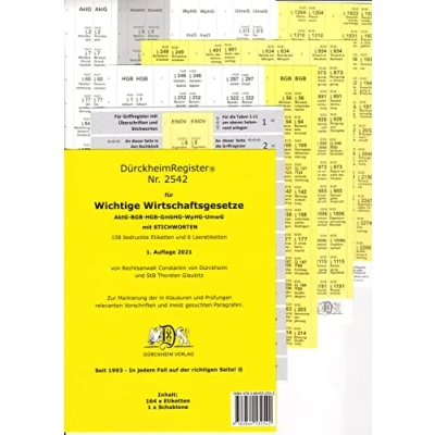 Abbildung von DürckheimRegister WICHTIGE WIRTSCHAFTSGESETZE (BGB, HGB, GmbHG, AktG, UmwG) mit STICHWORTEN: 150 Registeretiketten (sog. Griffregister) für das ... In jedem Fall auf der richtigen Seite