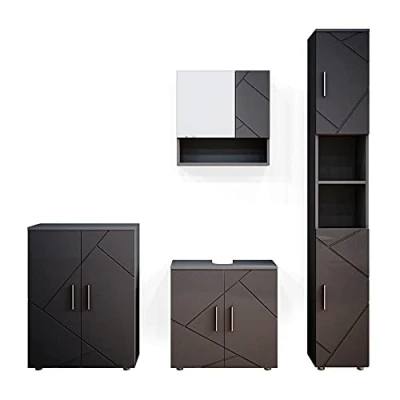 Abbildung von Vicco Badmöbel Set Irma, Anthrazit Hochglanz, 4 Teile, mit Hochschrank und Kommode, (4 er Set, St., Set)
