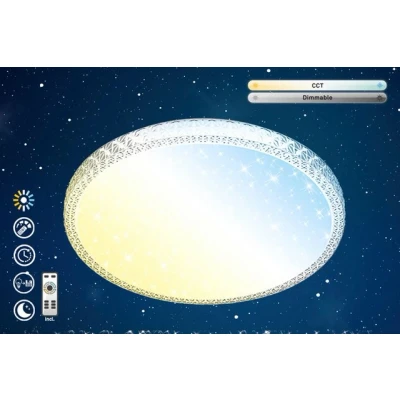 Abbildung von Briloner Leuchten LED Deckenleuchte, Deckenlampe mit Sternendekor und transparenten Kristallen, dimmbar, inkl. Fernbedienung, Farbtemperatursteuerung, Nachtlicht,24 Watt,Weiß Transparent, Ø39,3cm