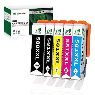 Abbildung von Greenjob 580XXL 581XXL Tintenpatronen für Canon 580 581 Multipack XXL Kompatibel mit Pixma TS6150 TS705 TR7550 TS8150 TS8250 TS8251 TR8500 TR8550 (PGBK Schwarz Cyan Magenta Gelb, 5er Pack)