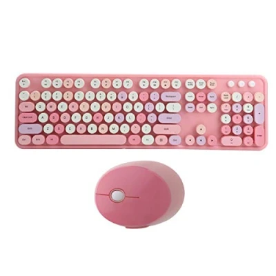 Abbildung von Drahtlose Tastatur und Mauskombination für Windows, Retro Vintage Design Mauspaket mit USB Empfänger Computer, Ergonomische FN + Mutilmedia Taste(Rose)
