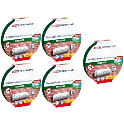 Abbildung von tesa Powerbond Outdoor Doppelseitiges Montageband für den Außenbereich Wasserfestes, starkes, UV beständiges Klebeband (5er Pack, 5m:19mm)