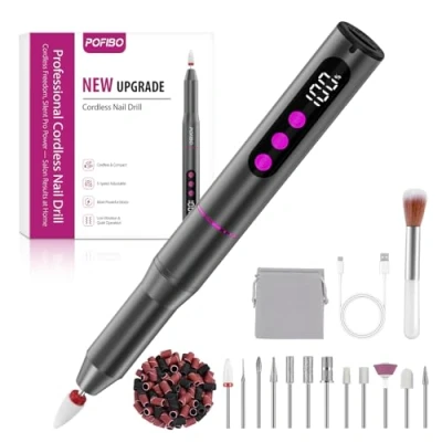 Abbildung von POFIBO Nagelfräser Kabellose Elektrische Nagelfeile 35000 U/Min für Gelnägel, 12 IN 1 Professionell Fräser Nägel &amp; Acrylnägel, Maniküre Pediküre Set mit 5 Geschwindigkeiten
