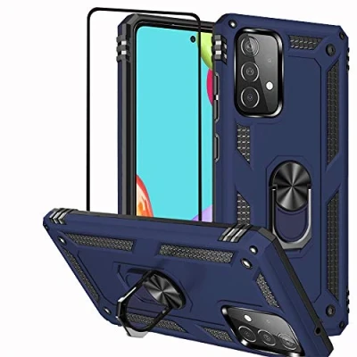 Abbildung von Folmeikat Hülle für Samsung Galaxy A52 5G, A52S 4G, Displayschutzfolie, 360 Grad drehbarer Metallring, Stoßdämpfung, verstärkte Ecken,TPU 5G/A52S 5G/A52 4G Blau