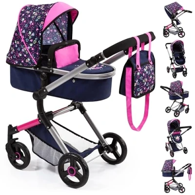 Abbildung von Bayer Kombi Puppenwagen Vario, Blau/Pink/Herzchen, inkl. Wickeltasche
