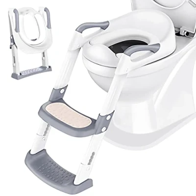 Abbildung von Töpfchen Toilettensitz Baby mit Treppe: Kinder WC Sitz Toilette Toilettentrainer für Kleinkinder Jungen und Mädchen Höhenverstellbar Klappbar Reise Badezimmersitz Spritzschutz Griffe Weiß
