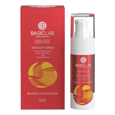 Abbildung von BasicLab Dermocosmetics Gesichtsserum mit Retinol, Coenzym Q10 und Vitamin C 30 ml Anti Falten Nachtserum für Frauen