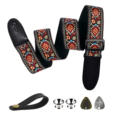 Abbildung von BetterJonny Gitarrengurt, Baumwolle Verstellbarer Gitarrenband Gitarre Schultergurt Guitar Strap mit Lederenden Gurtschlösser Gitarrenhals Gurt für Westerngitarre E Akustikgitarre Bass, Rot