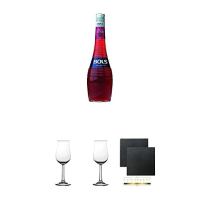 Abbildung von Bols Kirschlikör Holland 0,7 Liter + 2 Bugatti Nosing Gläser mit Eichstrich 2cl und 4 cl Schiefer Glasuntersetzer eckig ca. 9,5 cm Ø