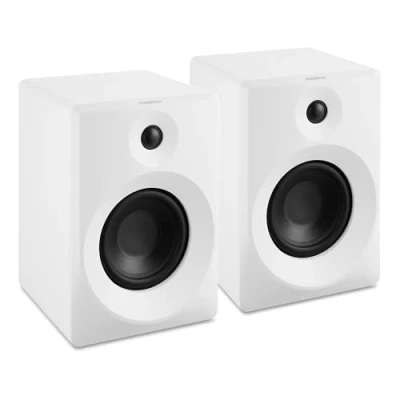 Abbildung von MEDION P61925 Regallautsprecher (aktiv und passiv, Holzgehäuse, 2 Wege System, Bluetooth, integriertem Hochtöner Subwoofer, Drehregler, optischer Eingang SPDIF, Line In RCA, 2X 50 Watt RMS) weiß