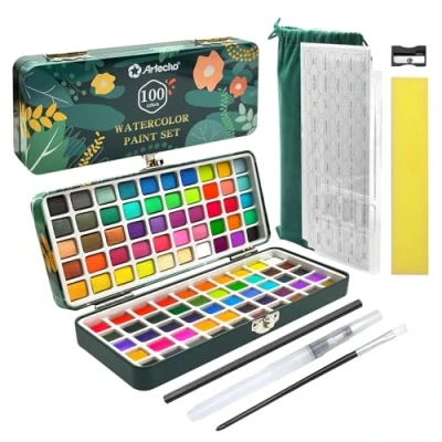 Abbildung von Artecho Aquarellfarben Set 100 Farben in Tragbarer Box, Mit Pinsel und Aquarellpapier, Aquarell für Reisen, Wasserfarben Künstler Hobbymaler