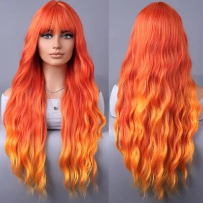 Abbildung von YEESHEDO Damen Perücke Lang Lockige Feuerorange Perücken für Frauen mit Pony, Natürlich Lange Locken Orange Wig, Anime Cosplay Halloween Wigs 28 Zoll (Orange)