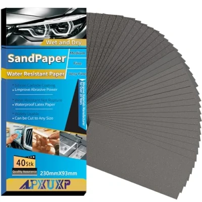 Abbildung von ALPXUXP Schleifpapier Set 40 Stück Nass und Trocken Profi Wasser Schmirgelpapier,für AutoMetallHolzmöbelSteinLackGlas,Körnung 60/80/120/150/180/240/400/600/800/1000，23 x 9cm