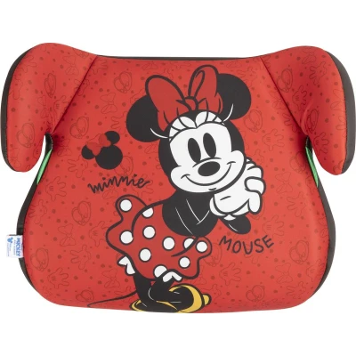Abbildung von Disney Minnie KindSitzerhöhung i Size ECE R129.Kindersitz für die Sicherheit von Kindern mit einer Körpergröße 125 150 cm. Sitzerhöhung Grafiken des Minnie, Sitz Kinder auf rot Hintergrund
