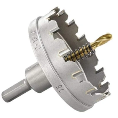 Abbildung von Starrett Hartmetall bestückte Lochsäge SM75 Blechschneider mit Aufnahme und Zentrierbohrer zum Bohren von Edelstahl Aluminiumlegierungen 75 mm