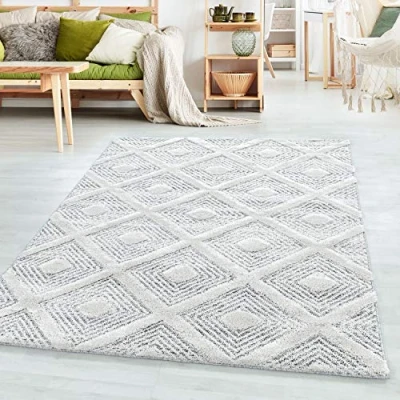 Abbildung von SIMPEX Teppich Wohnzimmer Geometrisch Design Hoch Tief Effekt 3D 80 x 150 cm Grau Läufer Hochflor Schlafzimmer Küchenteppich Weich Pflegeleicht Flauschiger für Esszimmer Gastzimmer
