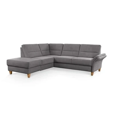 Abbildung von CAVADORE Ecksofa Wyk mit Federkern / Eckcouch im Landhaus Stil Ottomane und Holzfüßen 238 x 90 213 Jacquard, Grau