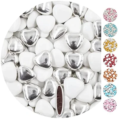 Abbildung von EinsSein 1kg Schokoherzen Dragees Mix medium weiss silber glanz Herz Schokodragees Gastgeschenke Hochzeit Taufe Schokolinsen Hochzeitsmandeln Candy Bar Süssigkeiten Nikah Sekeri mini Herzdragees