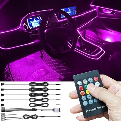 Abbildung von TABEN Auto Umgebungsbeleuchtungs Kit 6 m Glasfaser 64 Farben RF Fernbedienung USB Fußraum Atmosphärenlicht, DIY 16 Millionen RGB Mehrfarbig Sound Aktive Musik Sync Innenbeleuchtung DC 12V