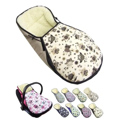Abbildung von Fußsack für Babyschale [Winterfußsack] Kinderautositz kompatibel mit Maxi Cosi Babyschalen Gruppe 0+ Lammwolle Sitzauflage verstellbar (Eule 13)