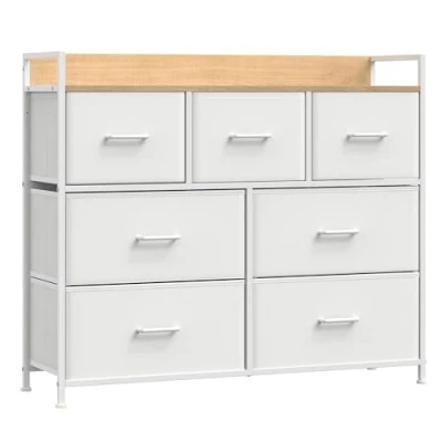 Abbildung von SONGMICS Kommode, Schrank, 7 Stoffschubladen mit Griffen, Metallgestell, Industrie Design, wolkenweiß eichenbeige LTS523W57