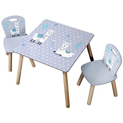 Abbildung von Kesper Kindersitzgruppe Kindertisch mit 2 Stühlen, Material: Faserplatte, Maße 55 x 45 cm, Motiv: Alpaka, Farbe: Grau