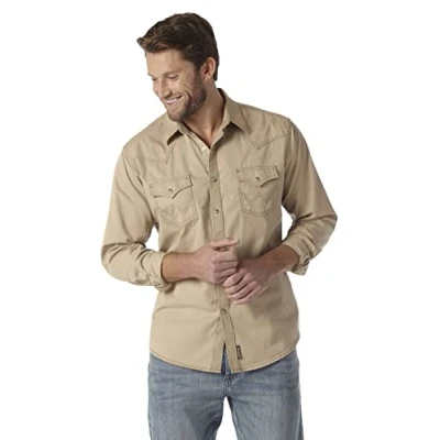 Abbildung von Wrangler Herren Retro Zwei Taschen Langarm Snap Shirt Hemd mit Button Down Kragen, hautfarben, X Large Hoch
