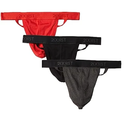 Abbildung von 2(x)ist)IST Herren Essential Cotton 3er Pack Y Back Thong, Schwarz/Anthrazit Heather/Mohnrot, X Large