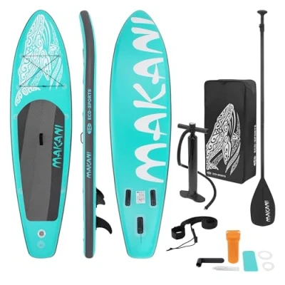 Abbildung von ECD Germany Aufblasbares Stand Up Paddle Board Makani 320 x 80 15 cm Türkis PVC bis 150 kg Pumpe Tragetasche Zubehör SUP Paddling Paddelboard Surfboard verschiedene Modelle
