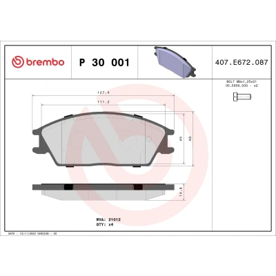 Abbildung von BREMBO P 30 001 Bremsbelagsatz exkl. Verschleißwarnkontakt ohne Zubehör HYUNDAI: Getz, Pony Schrägheck