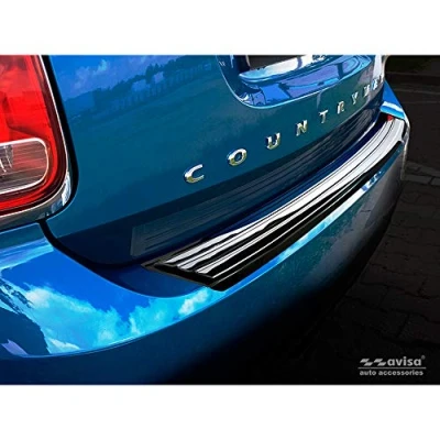 Abbildung von Spiegelschwarz Edelstahl Heckstoßstangenschutz kompatibel mit Mini Countryman F60 2016 2020 &#039;flag/lines&#039;