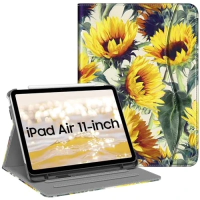 Abbildung von Fintie Hülle für iPad Air 11 Zoll M2 (2024), 5. Generation (2022) / 4. Gen 10,9 Zoll, Multi Winkel Betrachtung Folio Stand Schutzhülle Case Cover mit Dokumentschlitze, Sonnenblume