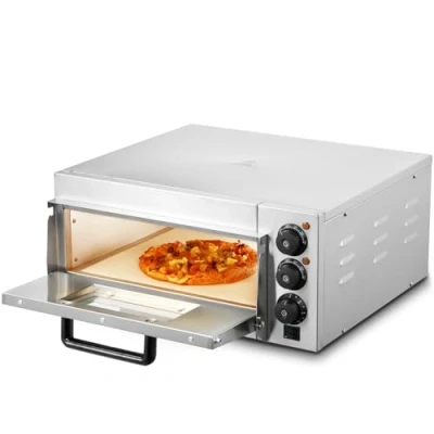Abbildung von VEVOR kommerzieller Pizzaofen Backofen Einzeldeckschicht 356 mm, elektrischer aus Edelstahl mit drei Drehknöpfen, Mehrzweck Pizzamaker Indoor, zum Backen im Restaurant, zu Hause, Silber