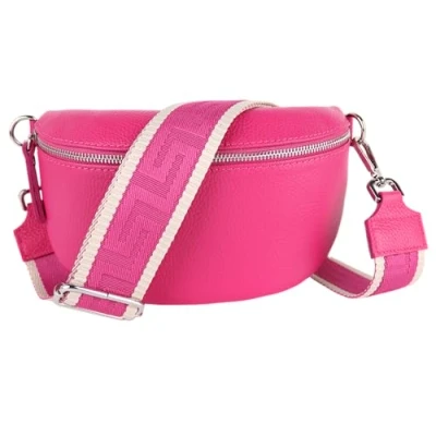 Abbildung von MIRROSI Bauchtasche Damen, Echtleder, Made in Italy, Umhängetasche, Brusttasche, (Schultertasche für jeden Anlass (1 Tasche &amp; 2 Gurte), Crossbody Bag, Weiß, gemusterten&amp; verstellbaren Schulterriemen