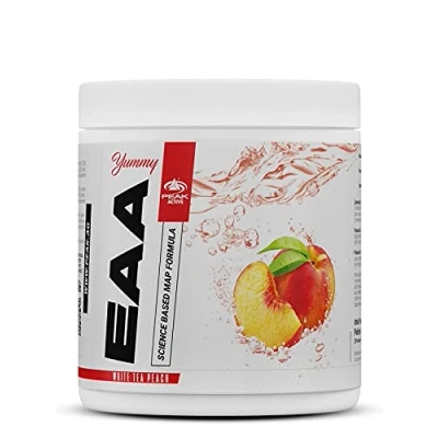 Abbildung von PEAK Yummy EAA 400g Geschmack White Tea Peach I 25 Portionen essenzielle Aminosäuren optimierte Matrix zur Proteinbiosynthese MAP Formel Muskelaufbau &amp; versorgung vegan