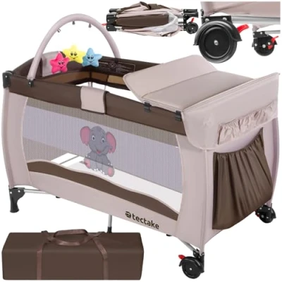 Abbildung von tectake® 402203 Kinder Reisebett höhenverstellbar mit Babyeinlage und Transporttasche, 132 x 75 104 cm, braun