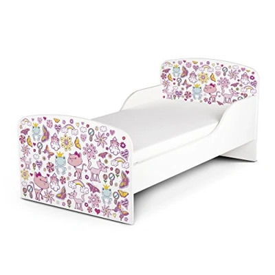 Abbildung von Leomark Funktionsbett aus Holz Rosa Welt Kinderbett mit Matratze, Holzbett Seitenschutz Lattenrost, Komplett Set für Kinderzimmer, Liegefläche 70/140 cm, UV Druck