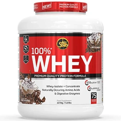 Abbildung von All Stars 100% Whey Protein 2270g I Eiweiß Pulver mit Konzentrat &amp; Isolat leckeres Low Fat Powder hochwertiges cremiger Shake Mochaccino Flavour