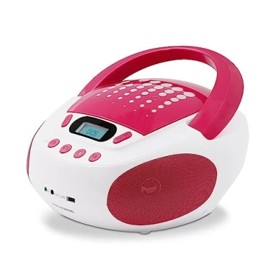 Abbildung von Metronic CD Player für Kinder, MP3, Pop Pink, mit USB Port, Stromversorgung oder Batterien, Weiß und Rosa